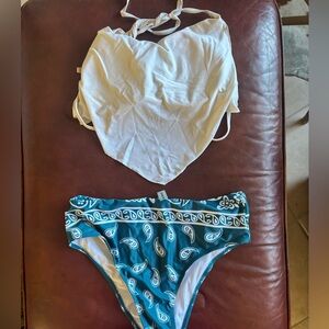 SHEIN Teal and White Paisley Bikini